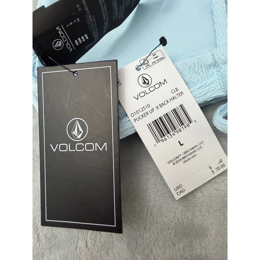 NWT Volcom Bikini Top Women Blue Pucker Up X Back Halter L $50